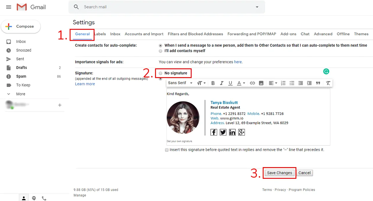 gmail signature settings